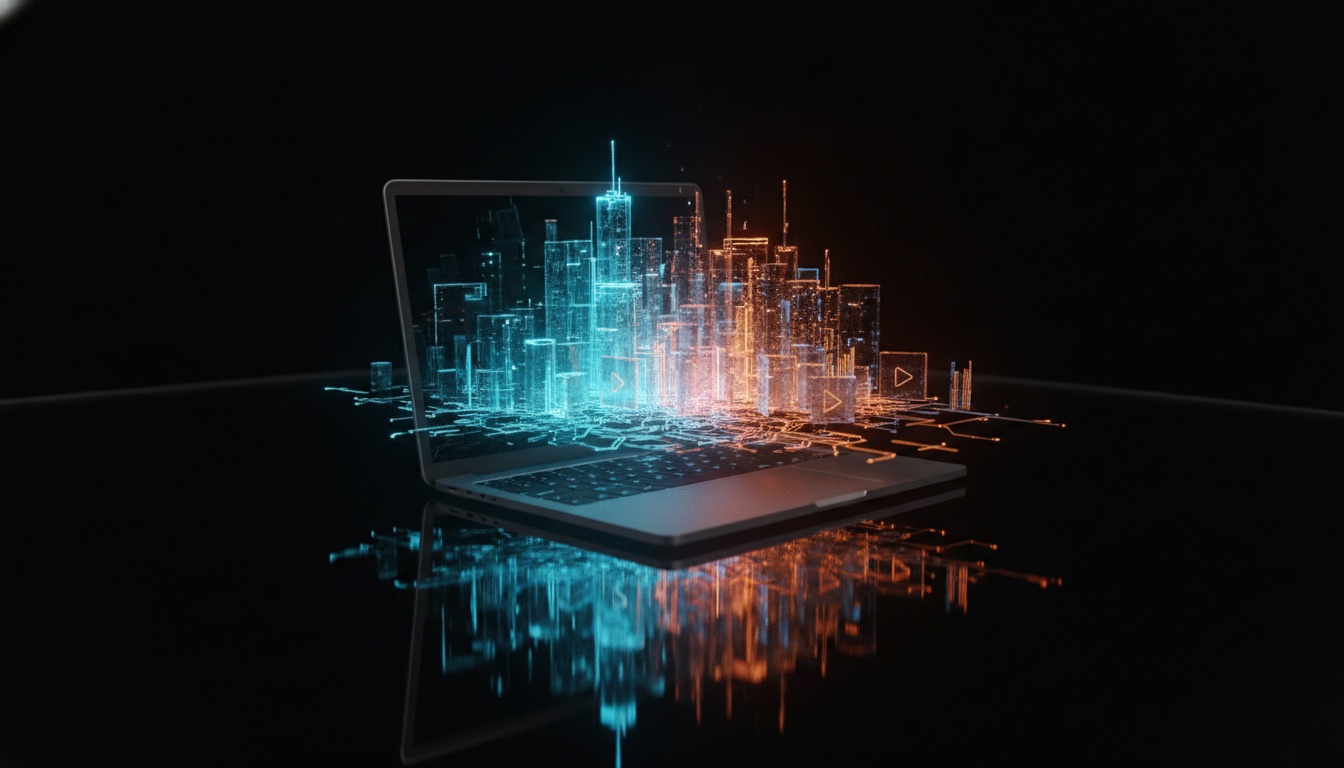 A laptop on a dark reflective surface with a glowing holographic city of teal and orange data rising from its keyboard.