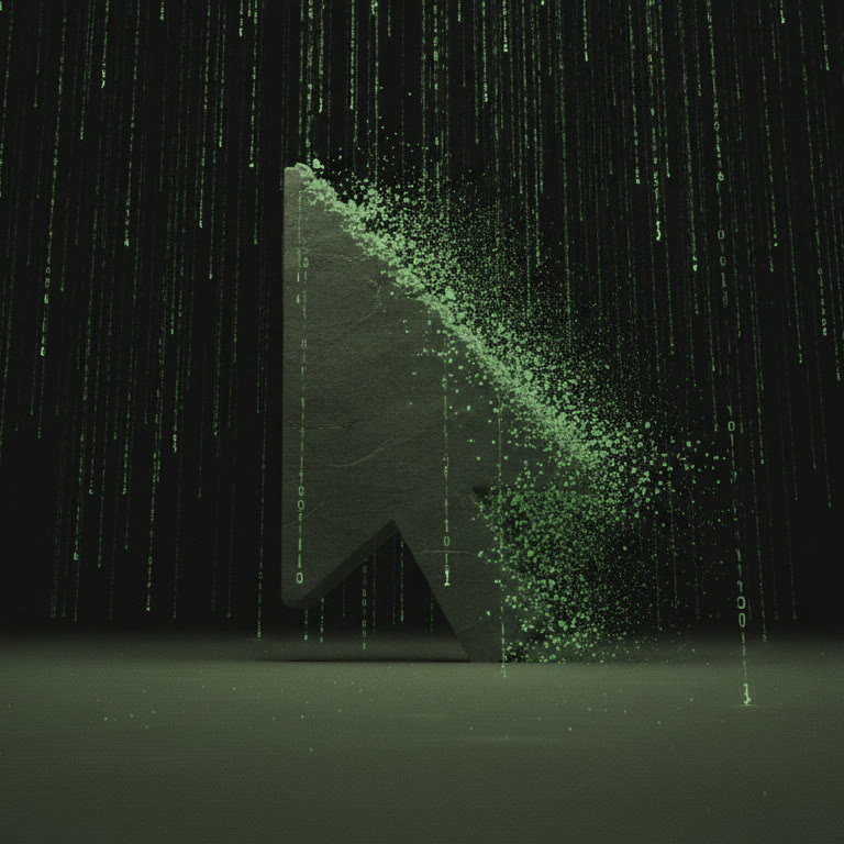 A tall stone monument carved in the shape of a mouse cursor arrow, its right edge crumbling into glowing green particles, standing under falling green code rain.