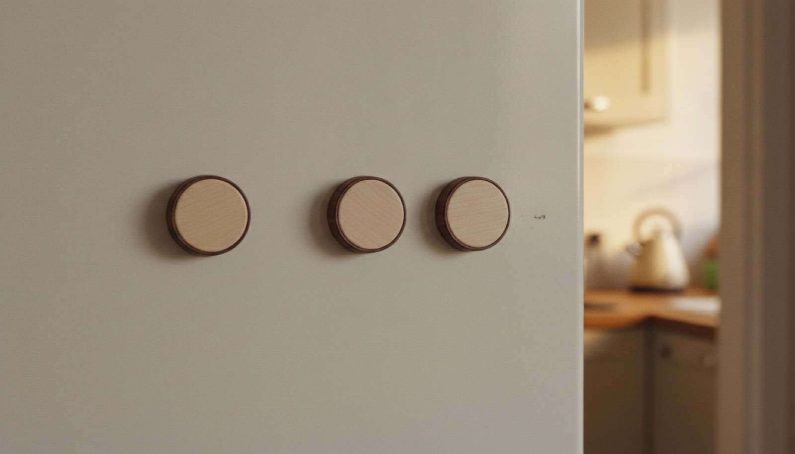 Three plain round magnets in a row on a stainless refrigerator door in a warm kitchen