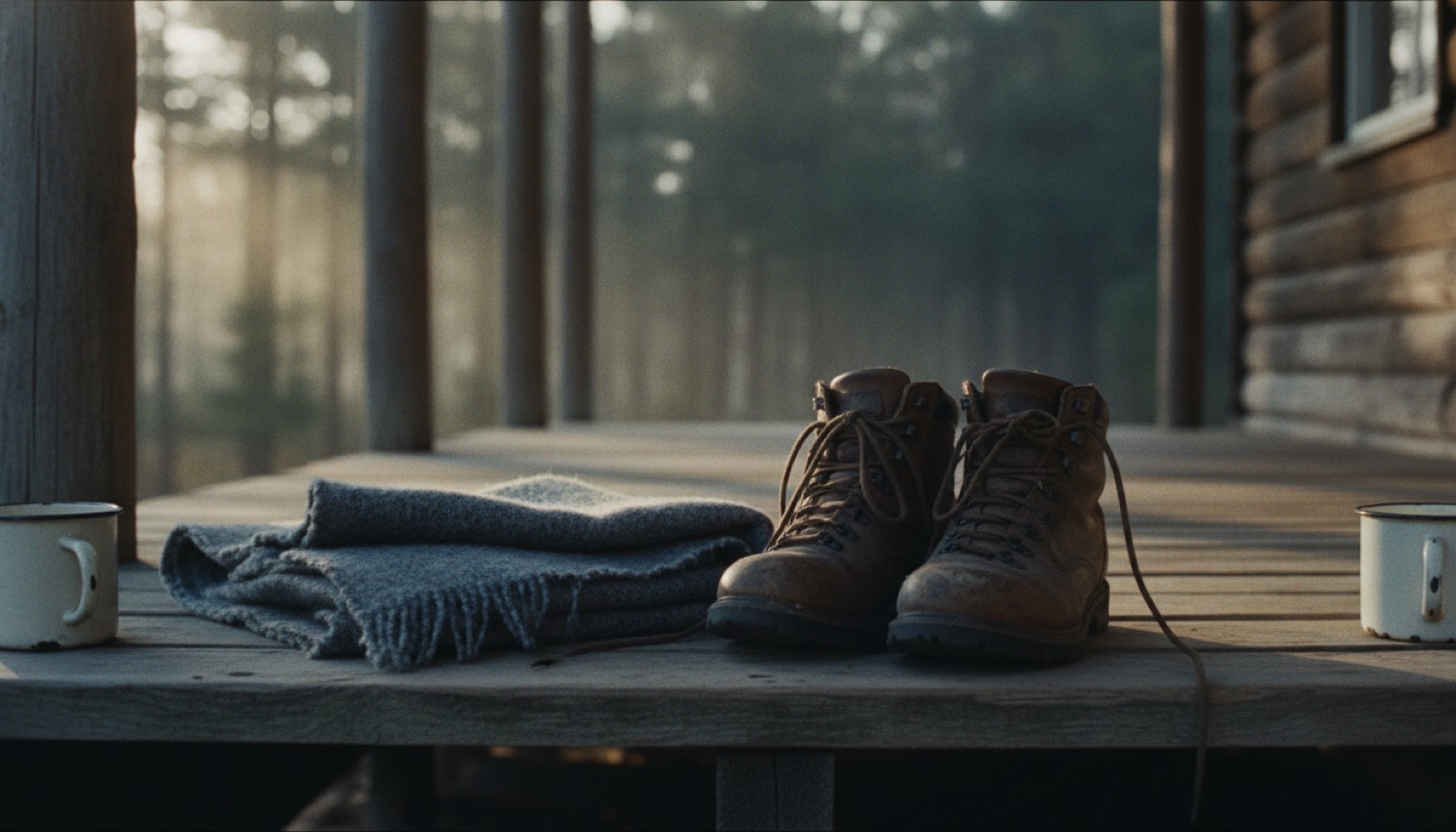 A pair of hiking boots and a folded wool blanket on the porch steps of a wooden cabin in morning light