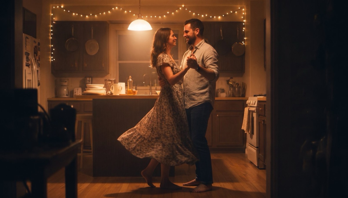 An open wedding album on a coffee table beside two glasses and a lamp in a warm living room