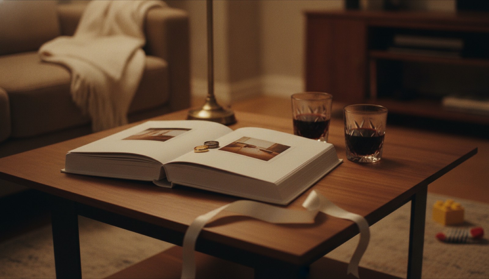 An open wedding album on a coffee table beside two glasses and a lamp in a warm living room