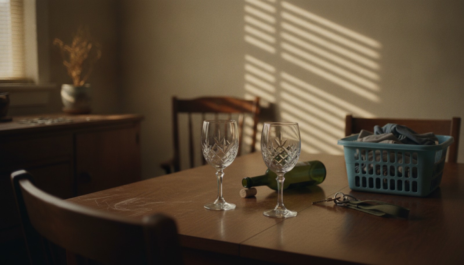 Two cut-crystal wine glasses standing clean and empty on a dining room table in late afternoon sun, beside an uncorked green bottle, a set of keys and a laundry basket of folded clothes
