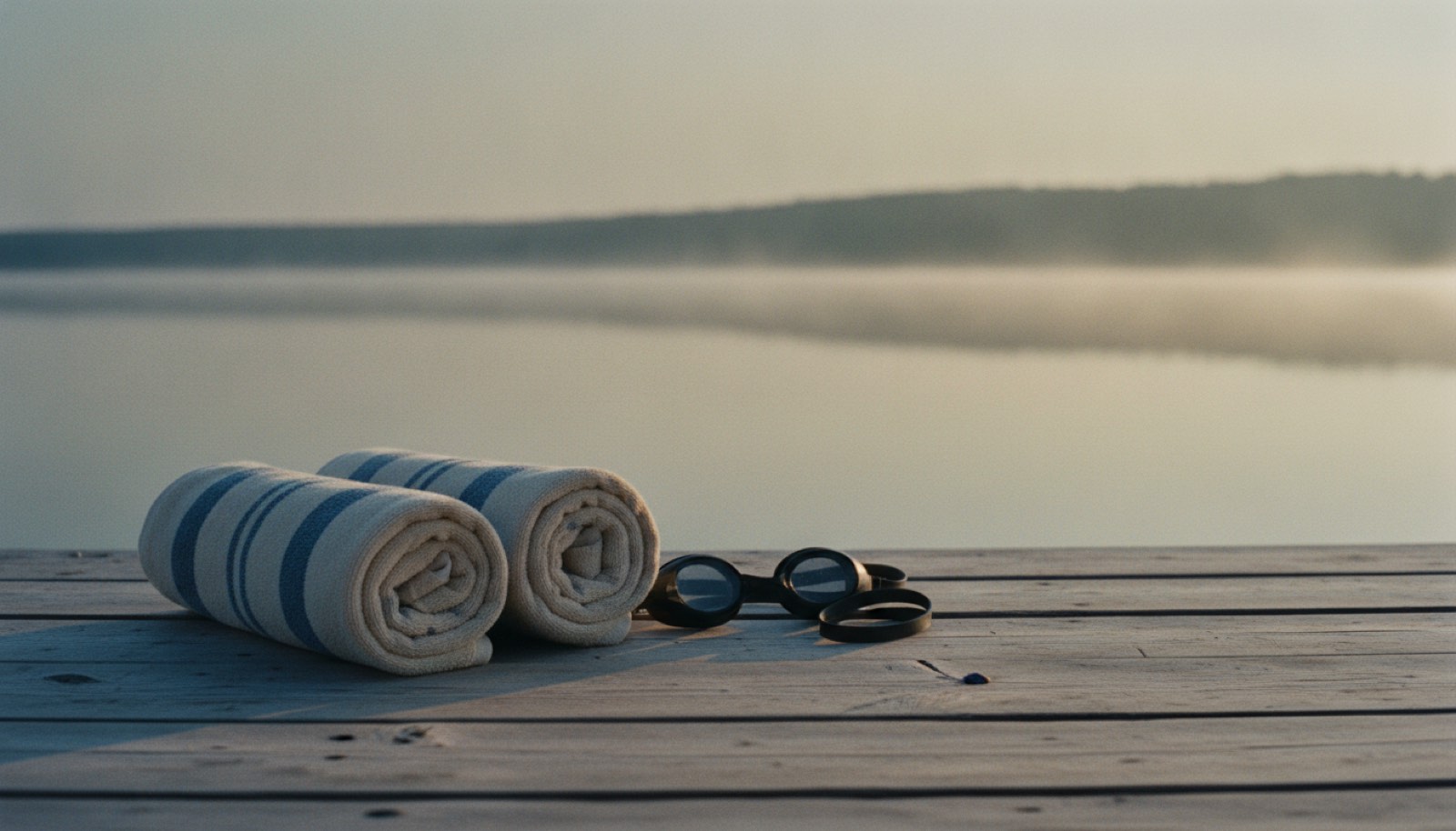 Two folded towels and a set of goggles on a wooden jetty beside a still lake at dawn