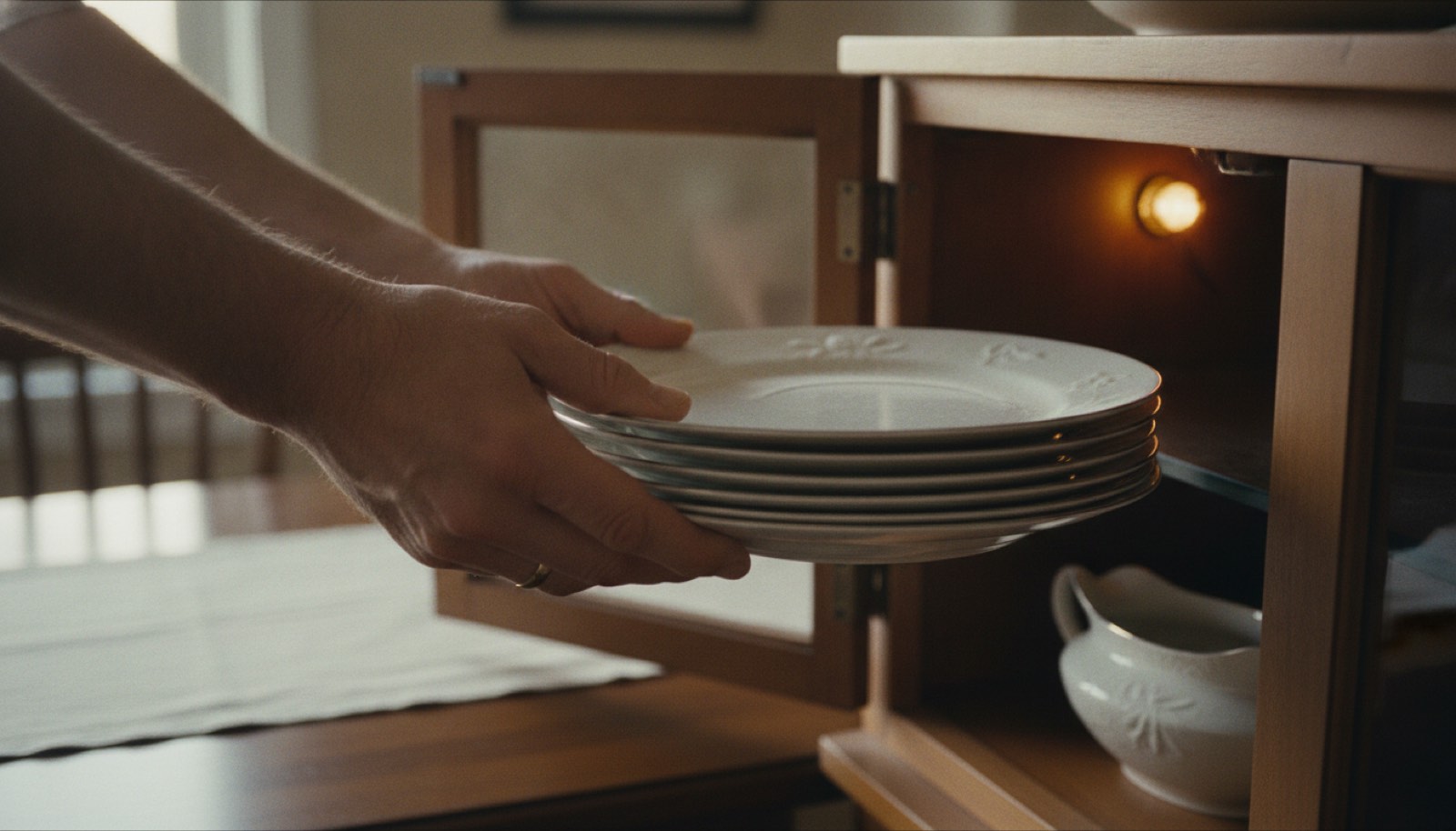A hand lifting a stack of dusty white wedding china out of a lit dining room cabinet in low evening light