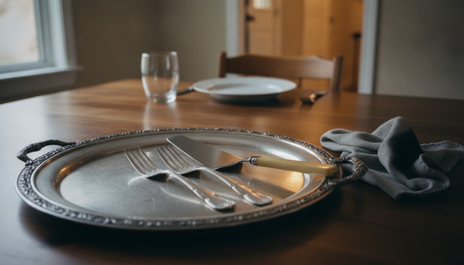 A large engraved silver serving tray holding two heavy forks and a bone-handled cake server on a walnut dining table in late afternoon light, with a grey polishing cloth beside it