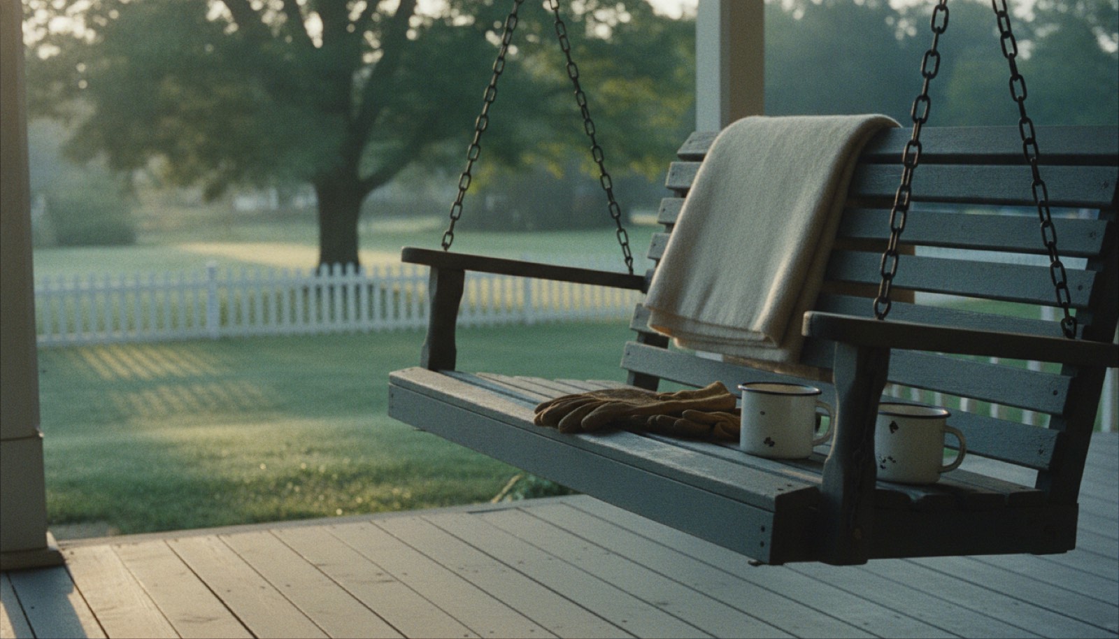 An old wooden porch swing on worn chains in early morning light, its paint rubbed bare in two seat-shaped patches, holding two chipped enamel mugs, a folded wool blanket and a pair of shaped leather gardening gloves