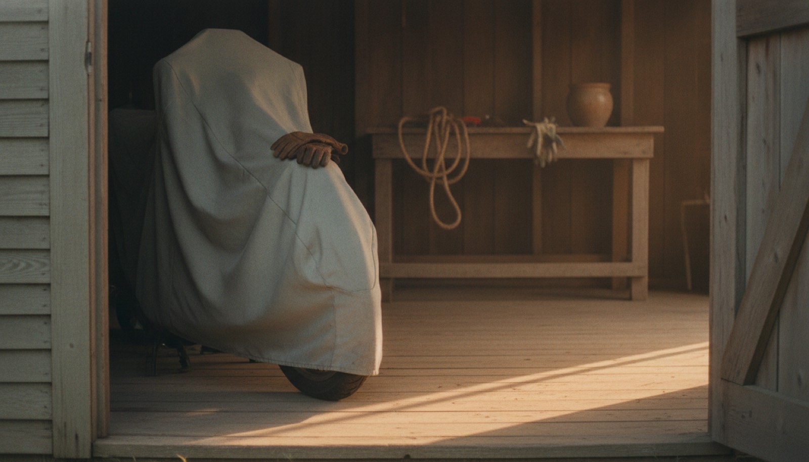 A motorcycle standing under a dusty canvas cover in a wooden shed at dawn, riding gloves folded on the seat and a pair of women's garden gloves on the bench behind