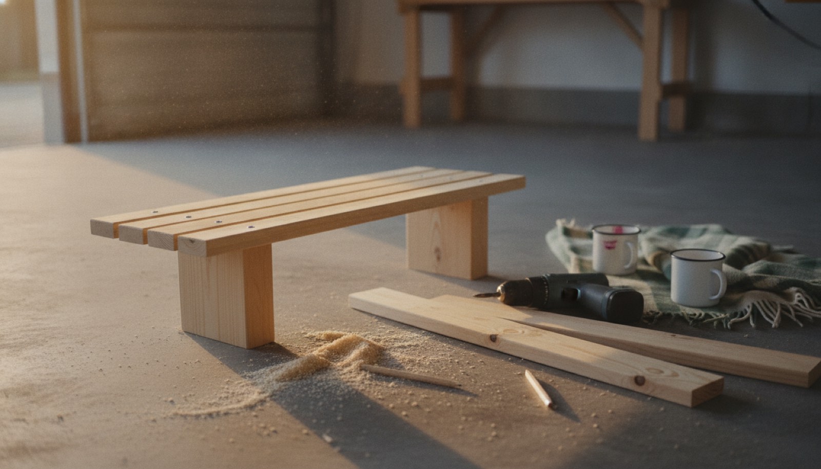 A half-built pine bench on a garage floor in low late-afternoon light, with loose slats, sawdust, a cordless drill, two enamel mugs and a folded green blanket