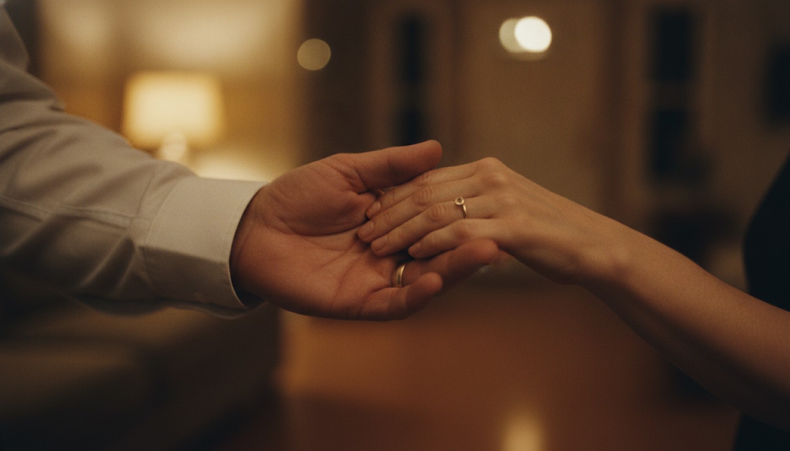 A husband's hand holding his wife's as the two of them stand close together on a wood floor in warm lamplight