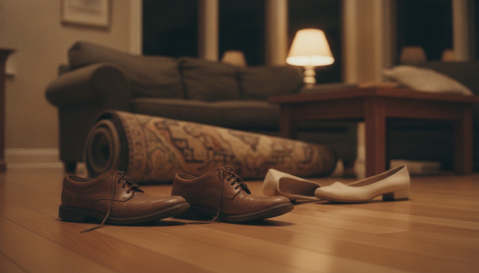A living room rug rolled back beside a couch with two pairs of shoes kicked off on the bare floor under a warm lamp