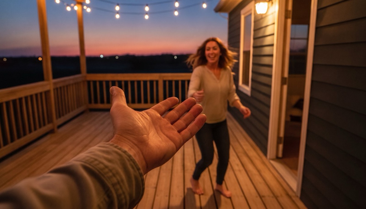 Two adults sitting side by side on wooden porch steps at dusk, their hands resting flat on the step a few inches apart and not touching, with warm lamplight glowing through the door behind them