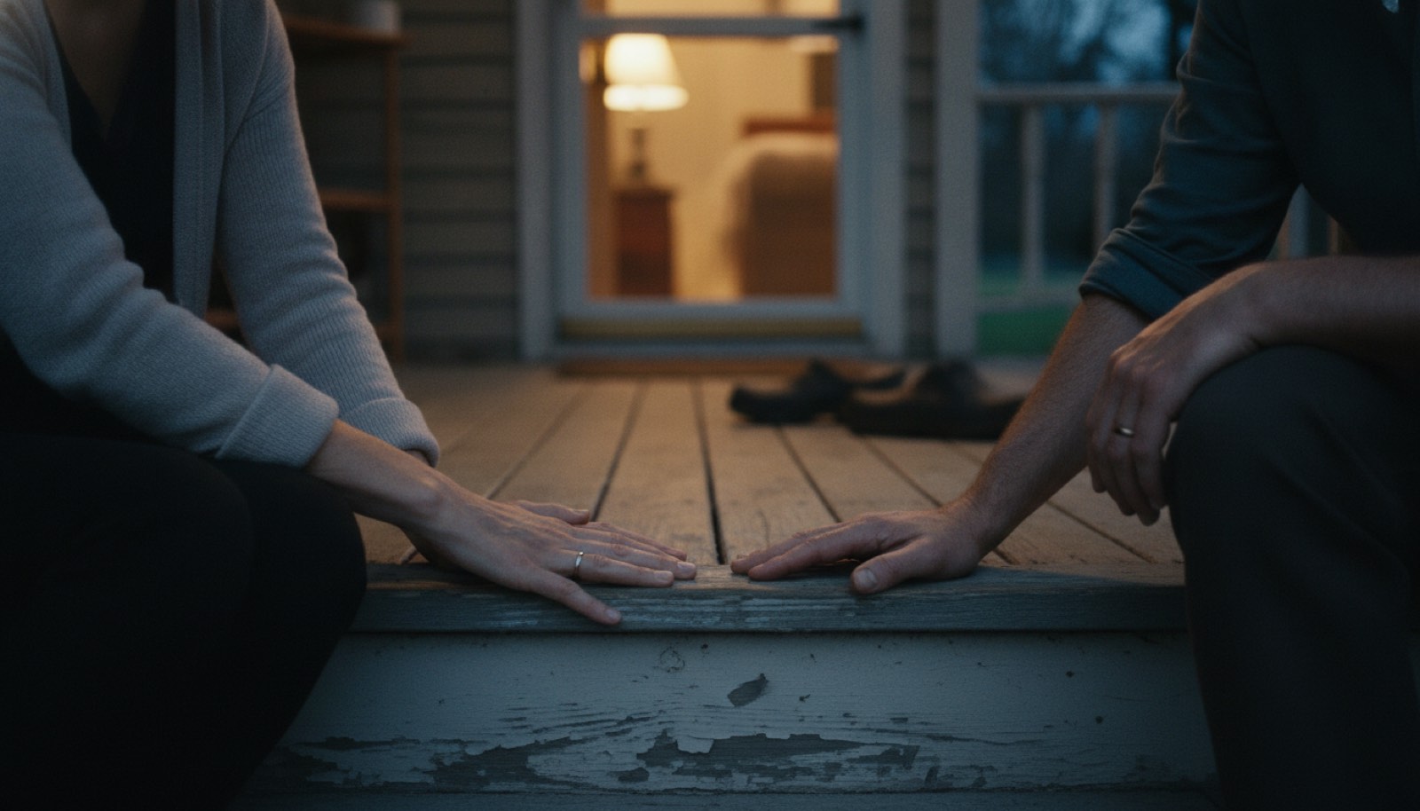 Two adults sitting side by side on wooden porch steps at dusk, their hands resting flat on the step a few inches apart and not touching, with warm lamplight glowing through the door behind them