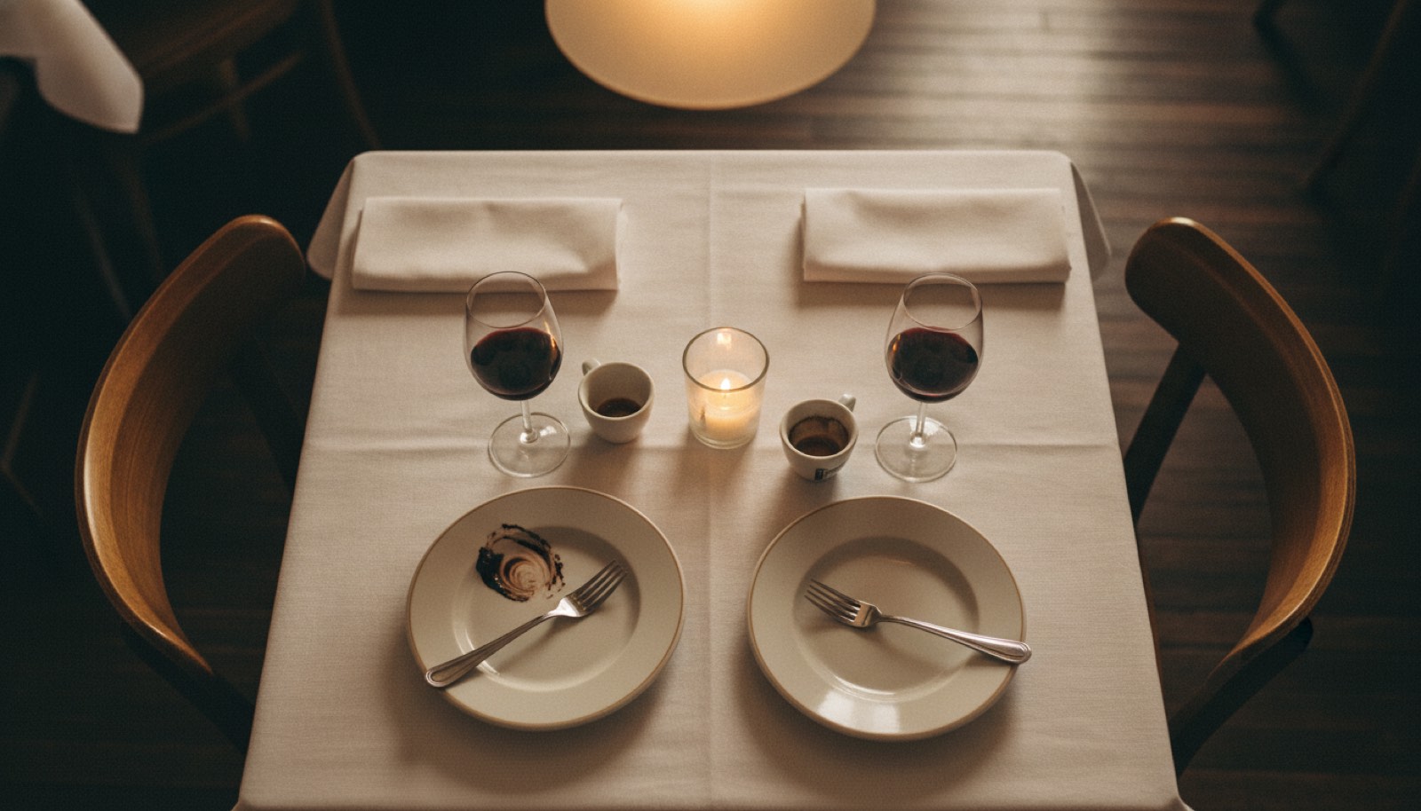 Two finished dessert plates, two drained espresso cups, a candle burned low and two glasses of red wine seen from directly above on a white restaurant tablecloth