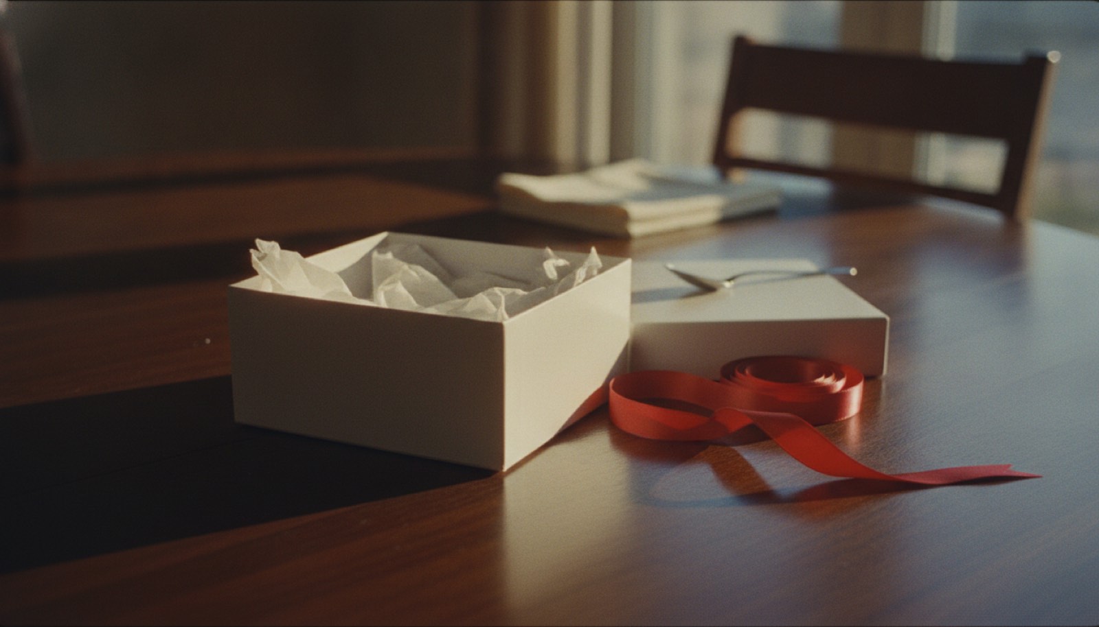 An opened gift box with its plain lid set beside it and a red ribbon lying slack on a dark dining table in low morning light