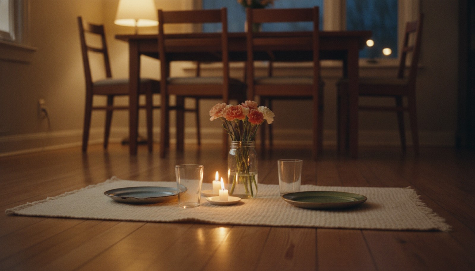 A wool blanket spread on a dining room floor set with two mismatched plates, two drinking glasses, candle stubs and a plain jar of carnations in warm lamplight