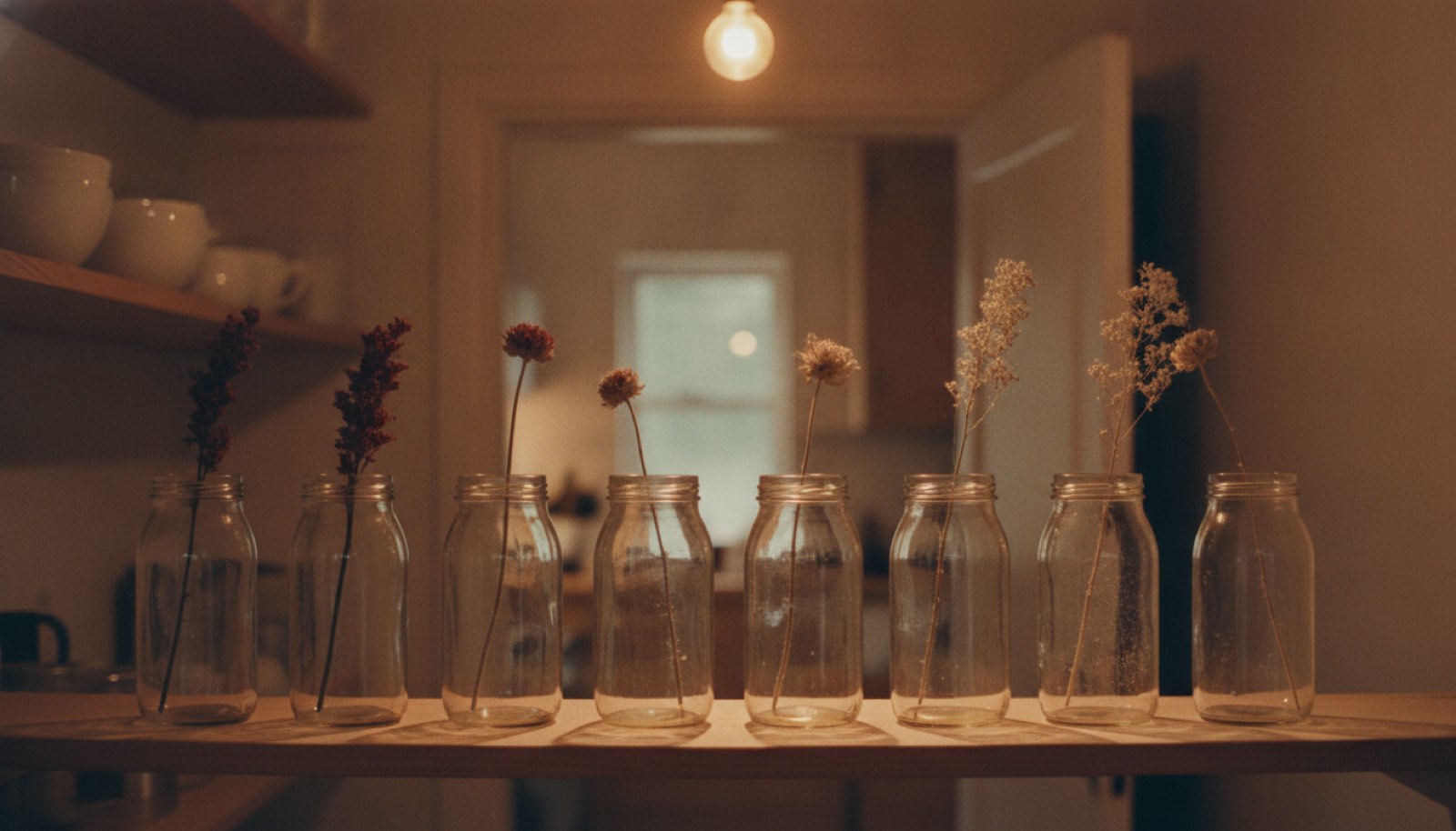 A row of eight plain glass jars on a pantry shelf, each holding one dried flower stem, the oldest faded and dusty, under a single warm bulb