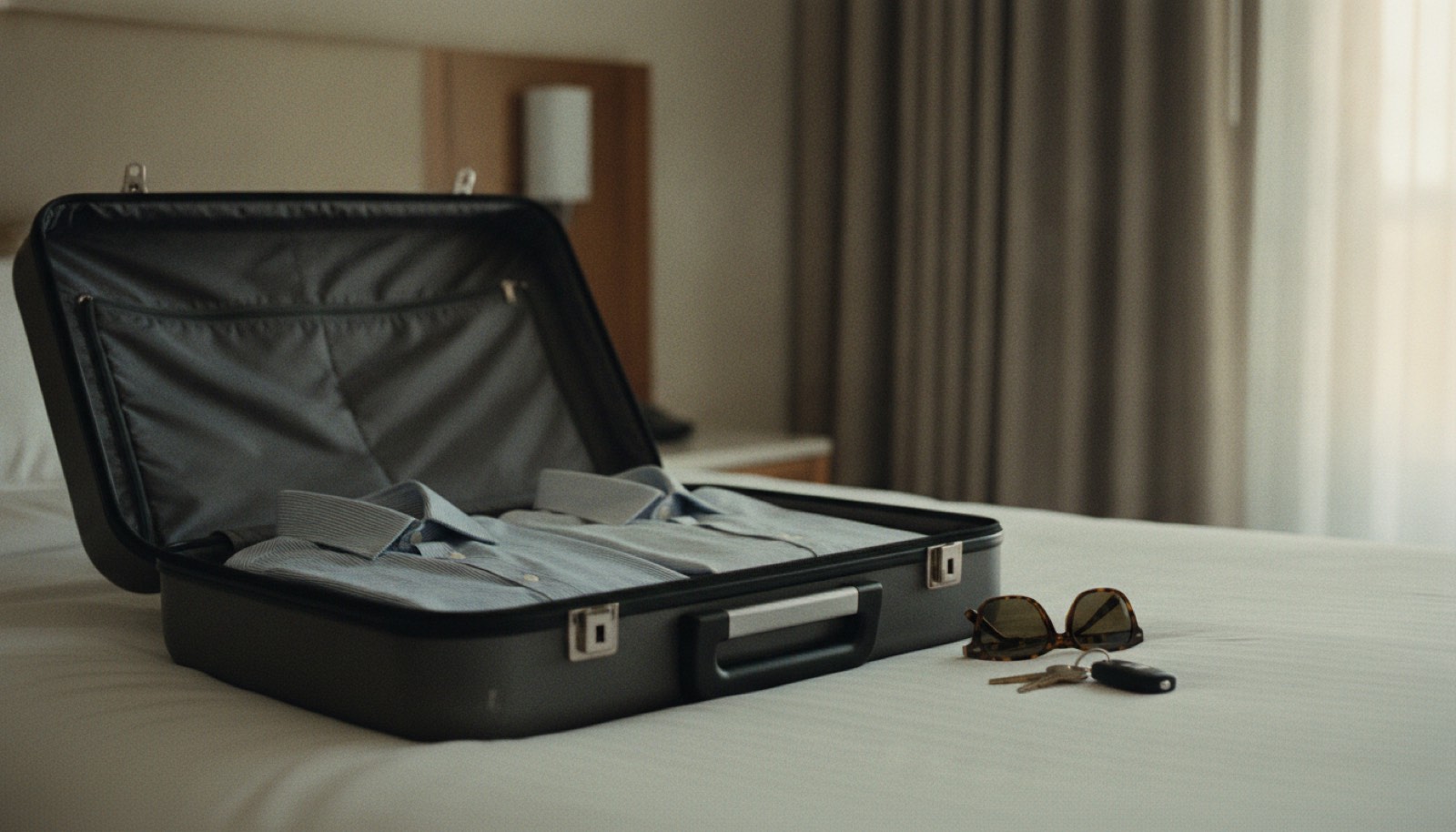 An open suitcase on a hotel bed with two folded shirts, sunglasses and a set of car keys beside it in early morning light