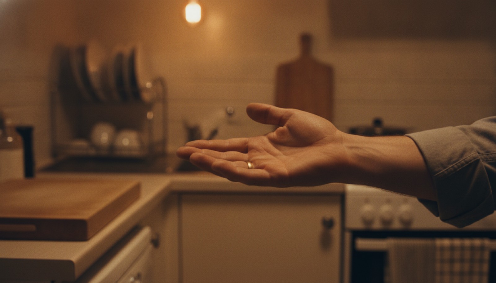A man's open hand held palm up at hip height in a warm kitchen with a dish rack and a damp towel on the counter behind him