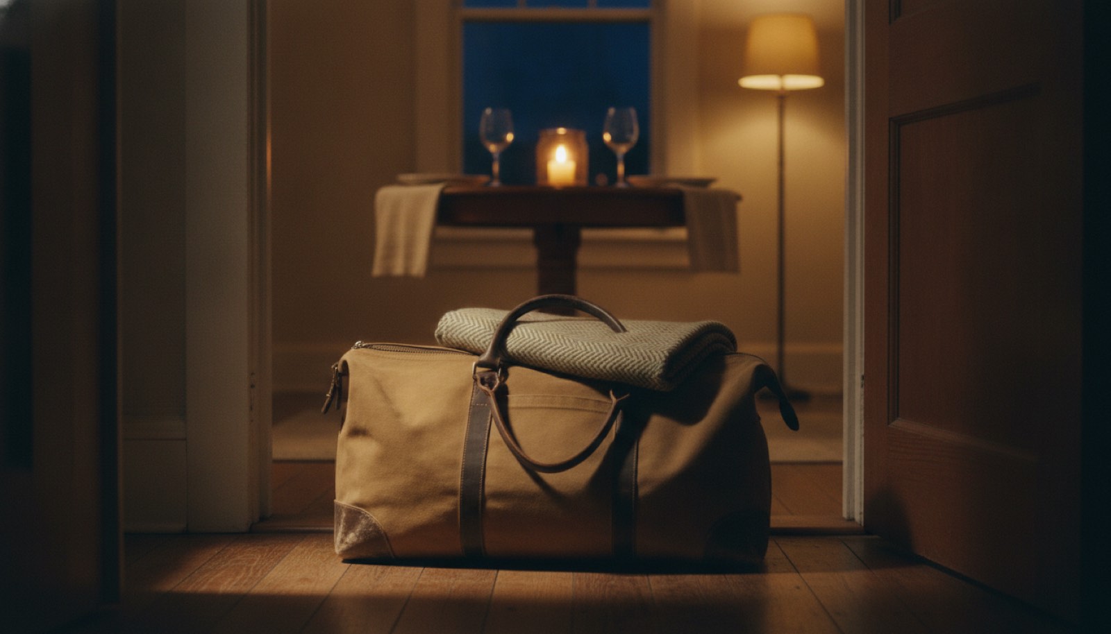 A packed canvas duffel bag left closed on a hallway floor beside an open doorway, with a candlelit table set for two in the room beyond