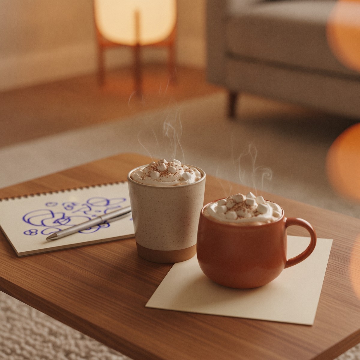 Two steaming mugs of hot cocoa topped with whipped cream and marshmallows sit on a wooden coffee table beside a notepad of scribbled ideas, set for an at-home date night in warm lamplight.