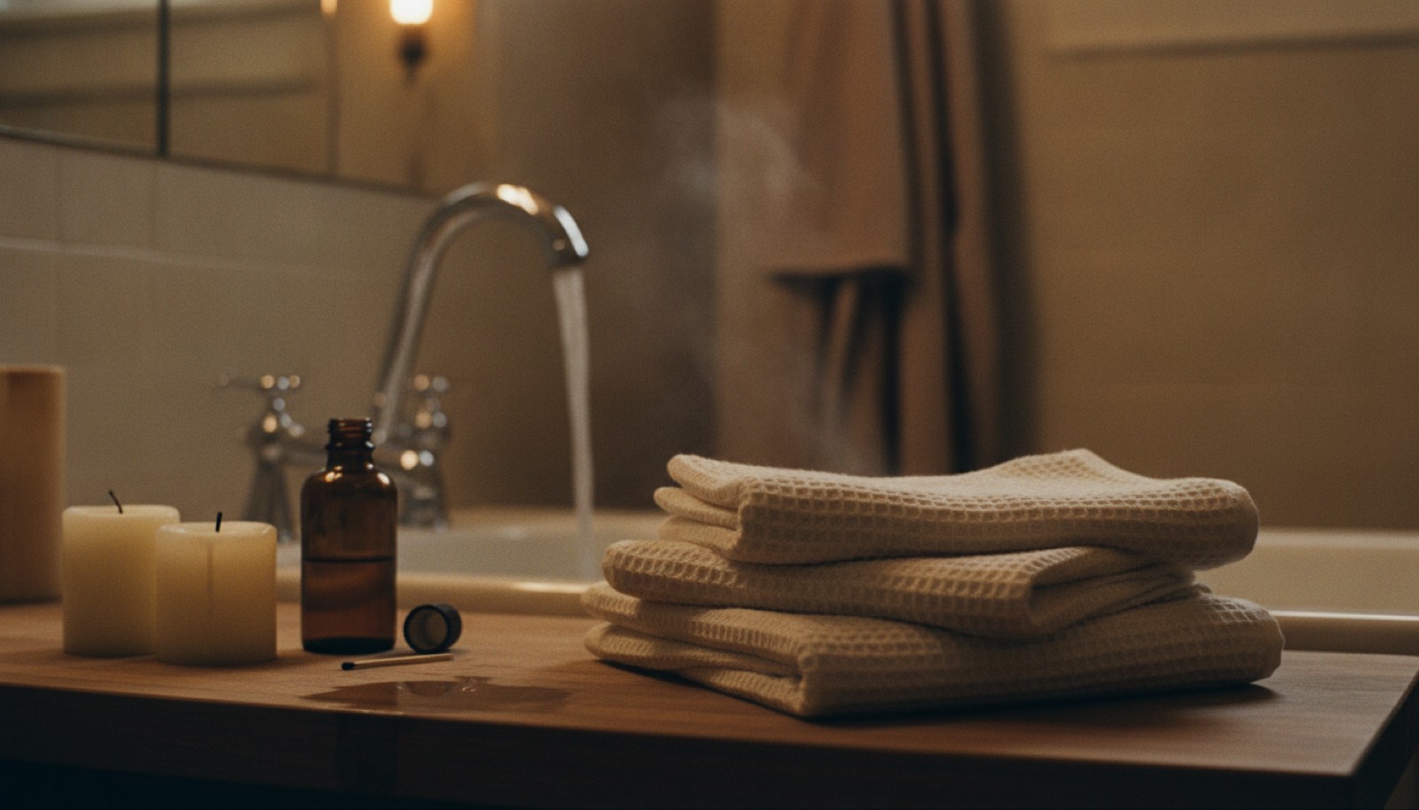 A folded stack of white waffle-weave towels and two unlit candles on a wooden bathroom counter beside a tap running into a filling tub