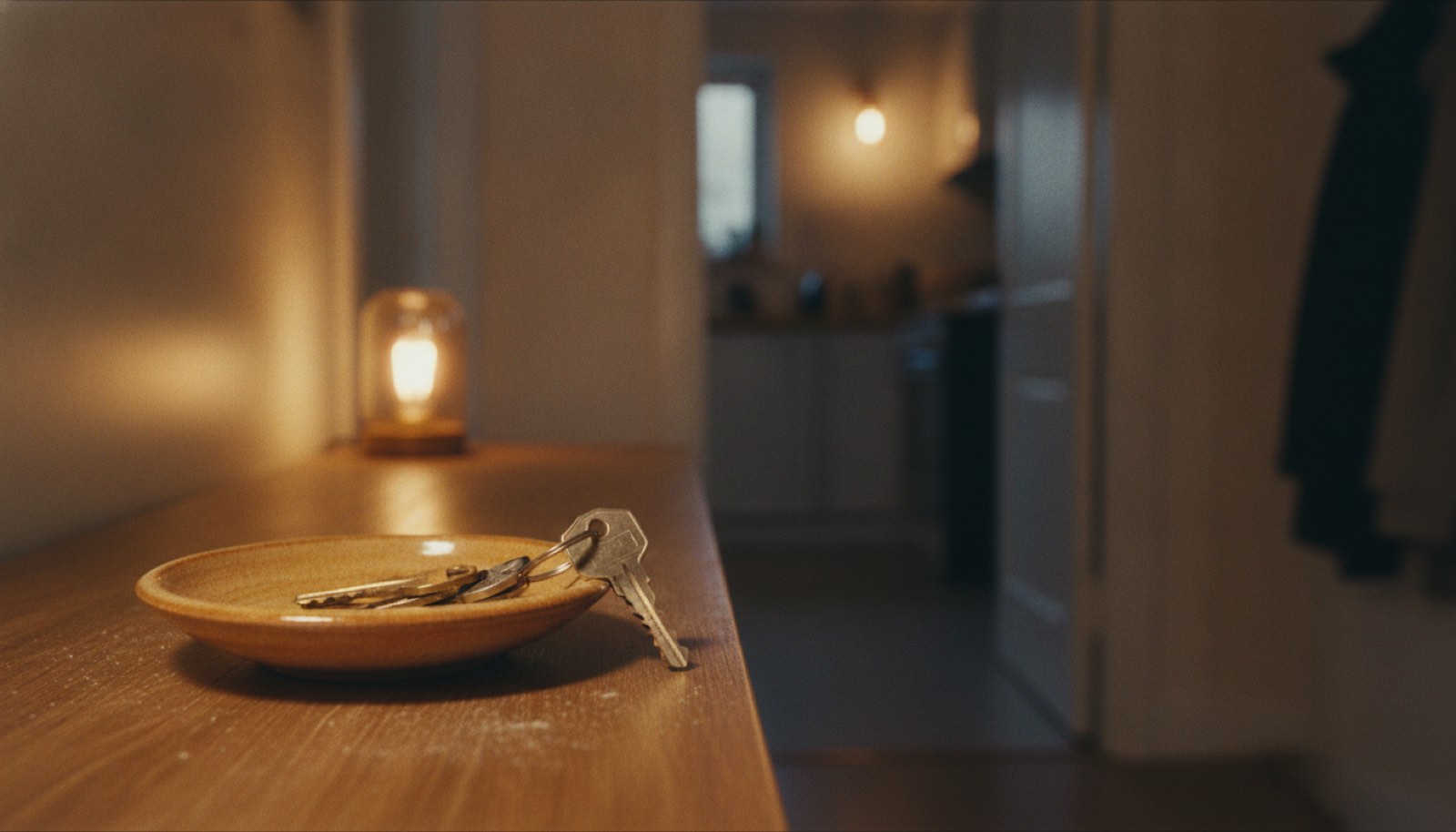 A set of car keys dropped into a ceramic dish on an entry table at dusk, with a lamp beside it and the kitchen doorway beyond