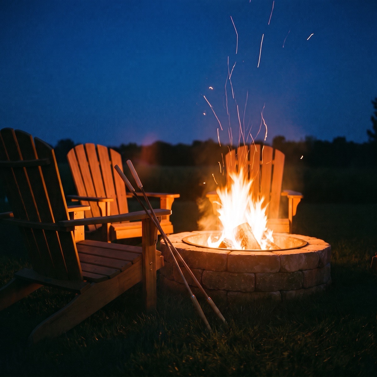 A strand of warm bulbs strung along a weathered fence above a low patio table at dusk, holding two glasses of red wine and a lit candle in a plain green tin