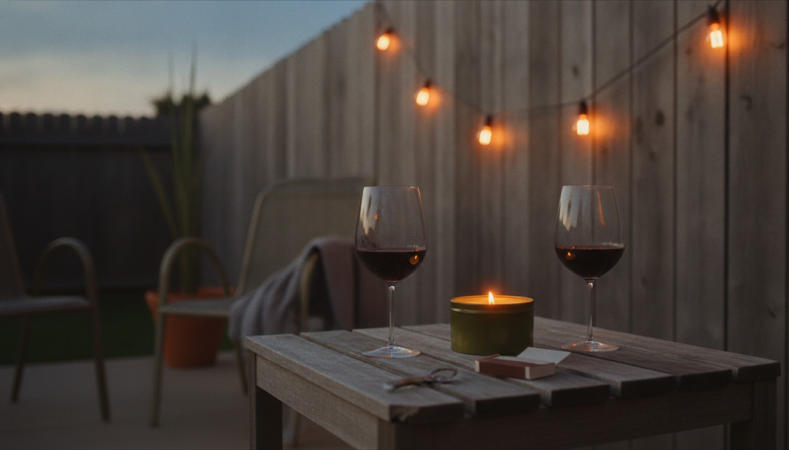 A strand of warm bulbs strung along a weathered fence above a low patio table at dusk, holding two glasses of red wine and a lit candle in a plain green tin