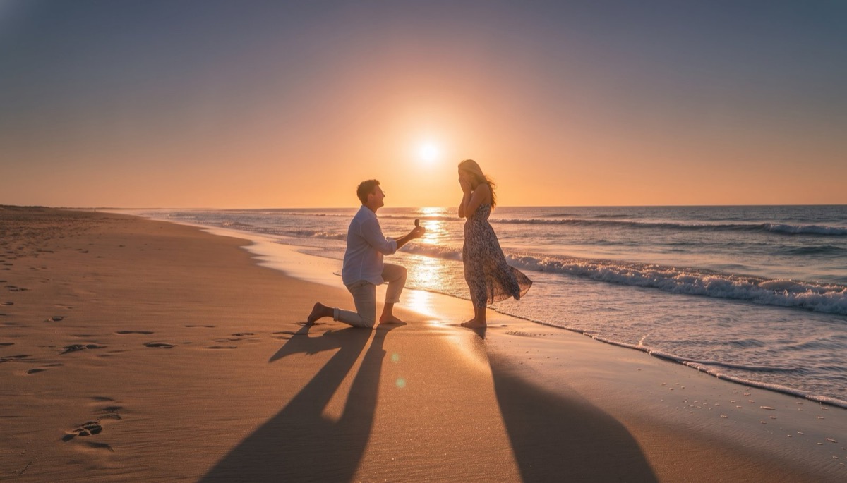 An empty stretch of wet sand at sunrise with two sets of footprints leading toward the water