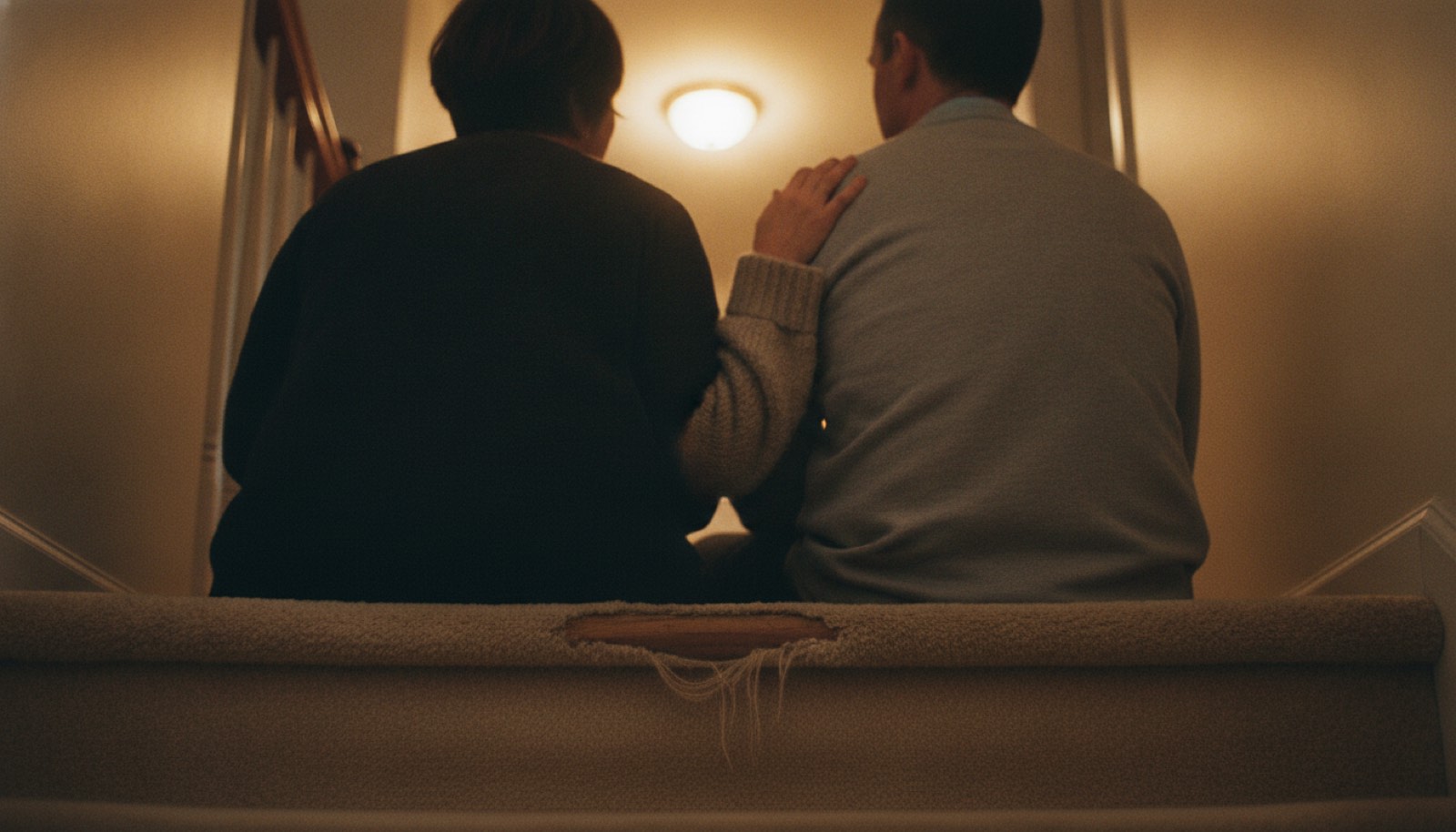 A couple from behind on the stairs, her hand resting on his back, evening.