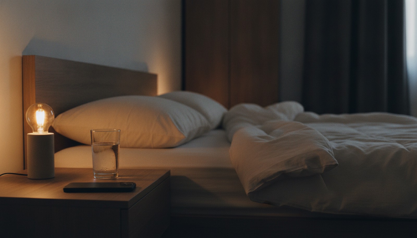 A bedside lamp lit beside two dented pillows, a glass of water and a phone face down on the nightstand