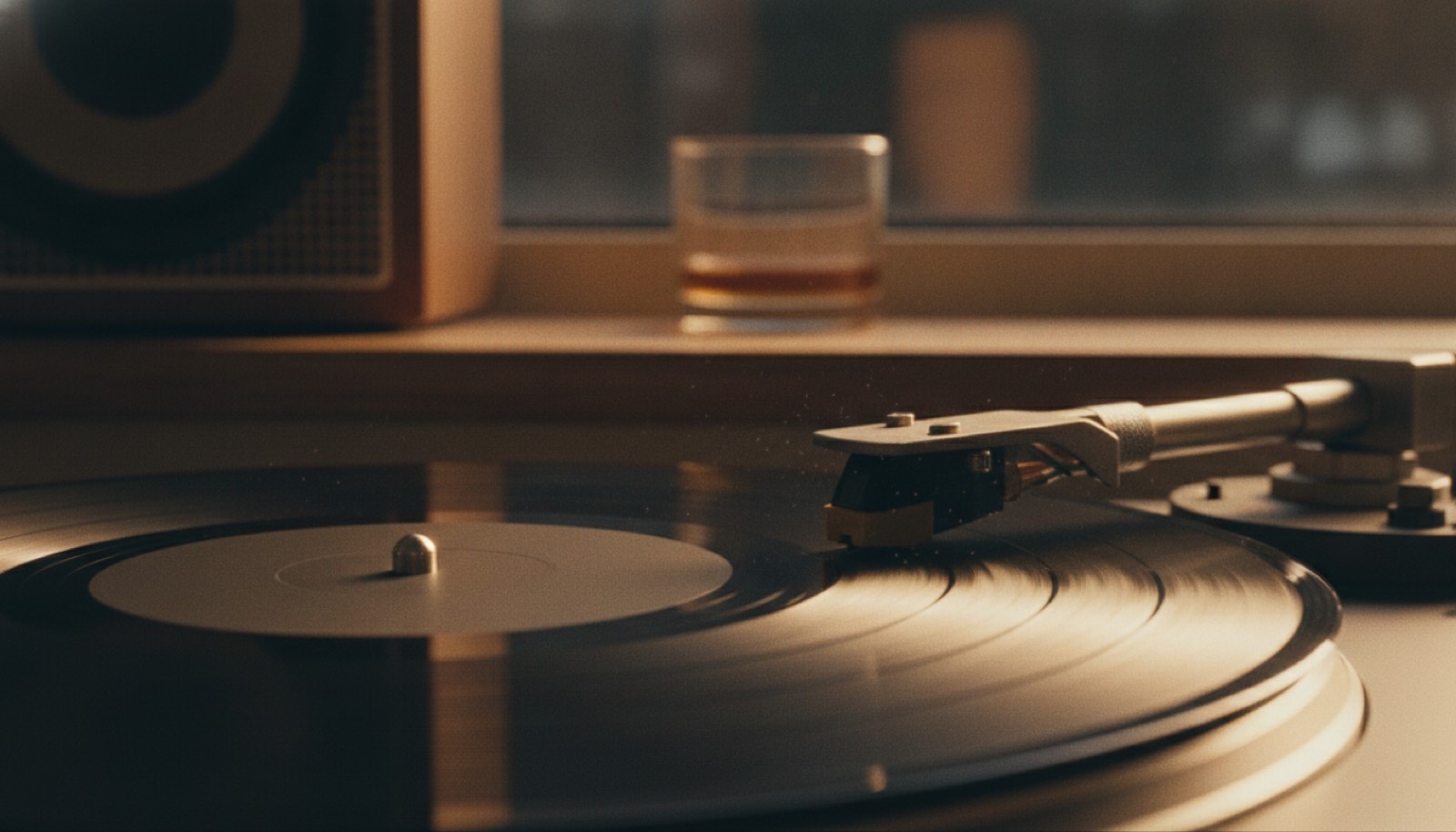 A record spinning on a turntable at night, the tonearm resting on it, den lamplight.