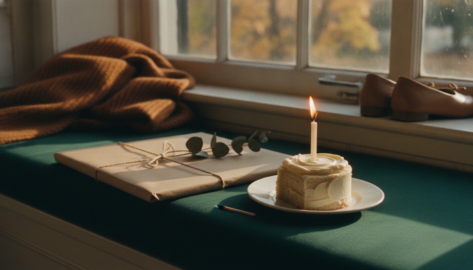 A small round cake with one lit candle on a white plate beside a square parcel wrapped in brown paper and tied with twine, on a green window seat in late afternoon sun