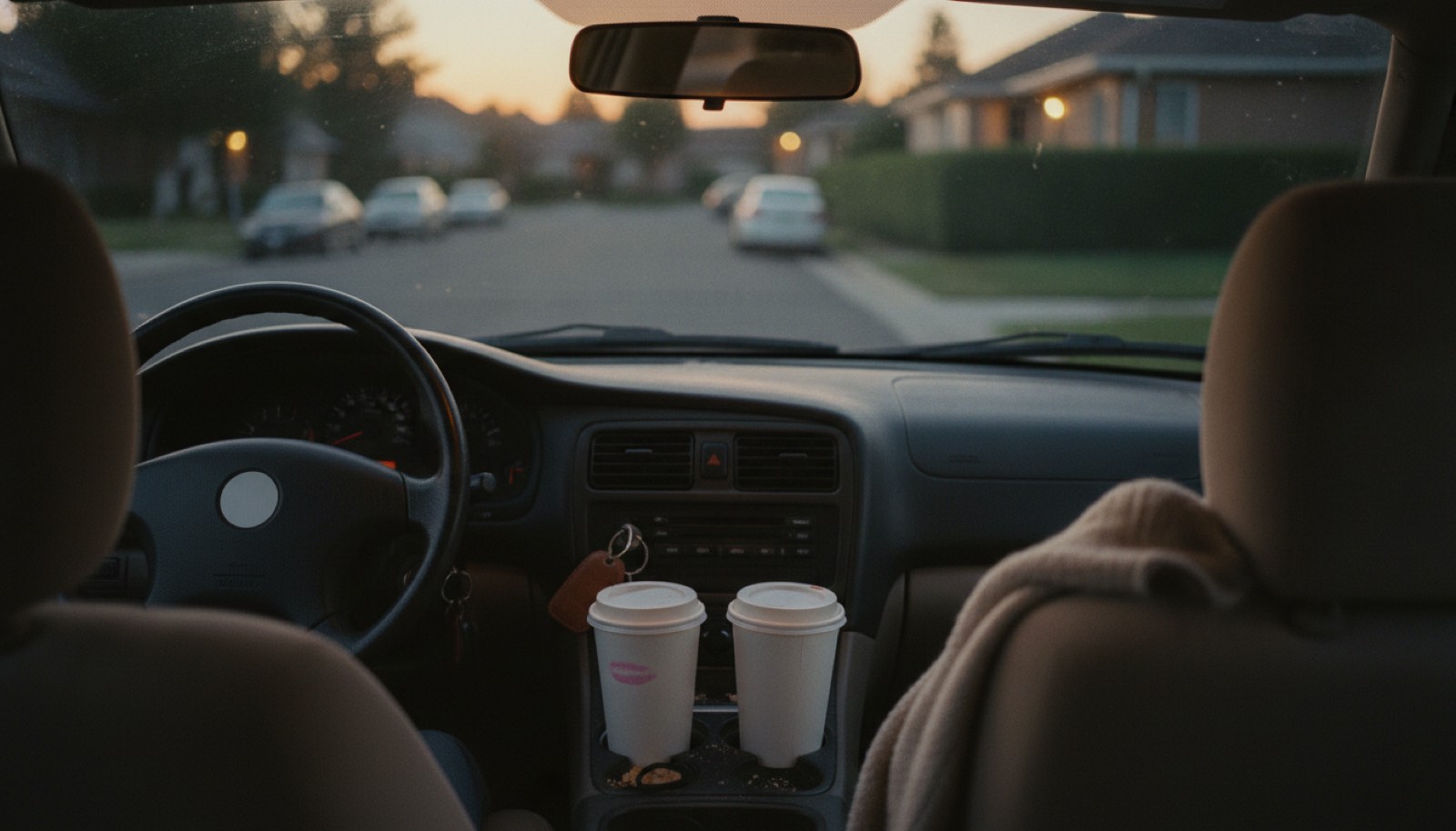 Two paper coffee cups and keys in the ignition of a parked car at dusk, seen from the back seat over the dashboard toward an empty street