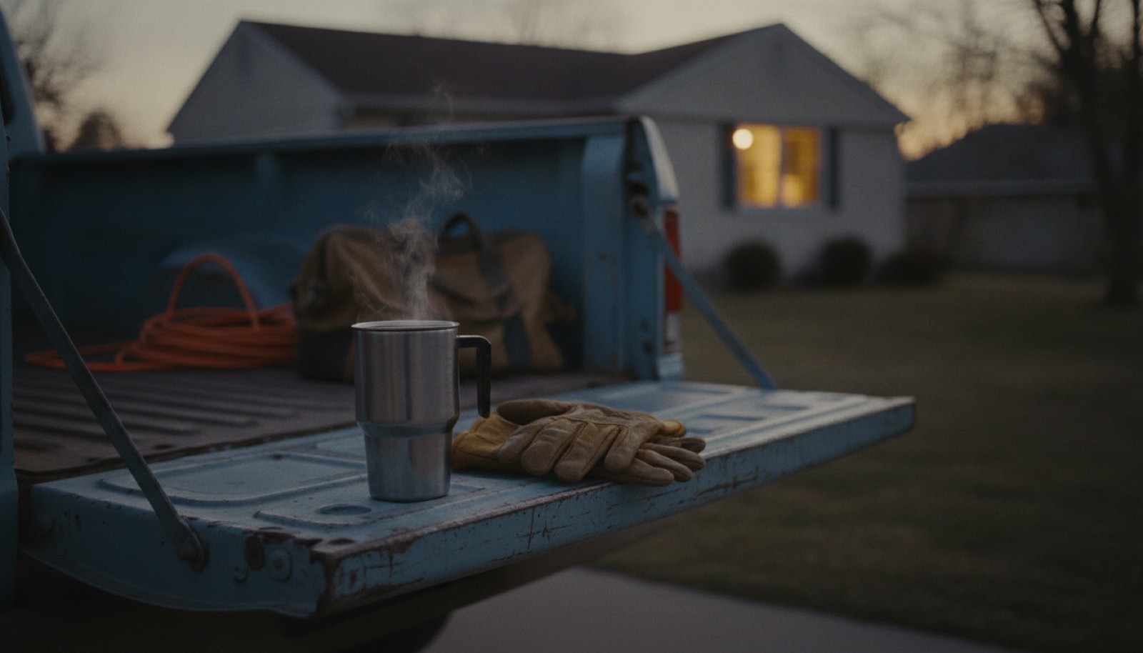 The dropped tailgate of a scratched work pickup in a driveway before dawn, holding a steaming travel mug and a pair of worn leather gloves, with one warm lit window in the house behind