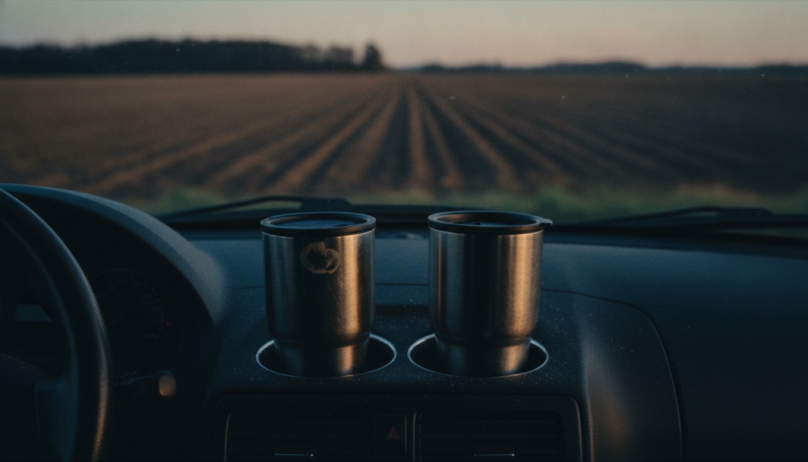 Two travel mugs in the cupholders of a car parked facing a field at first light