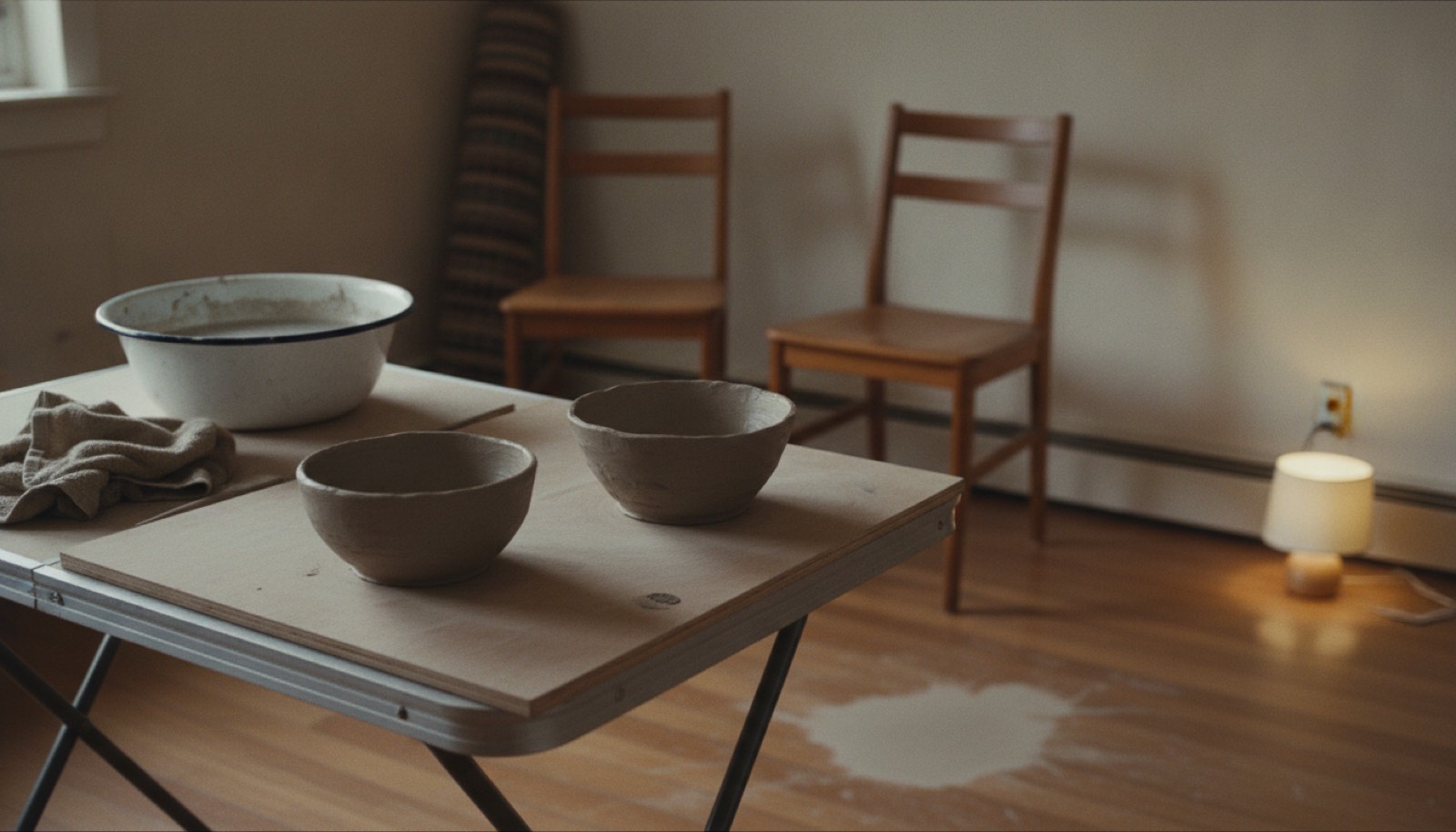 Two lopsided handmade clay bowls with uneven rims drying on a plywood board over a folding table in a spare room, with a basin of cloudy water, a damp cloth and two mismatched chairs behind