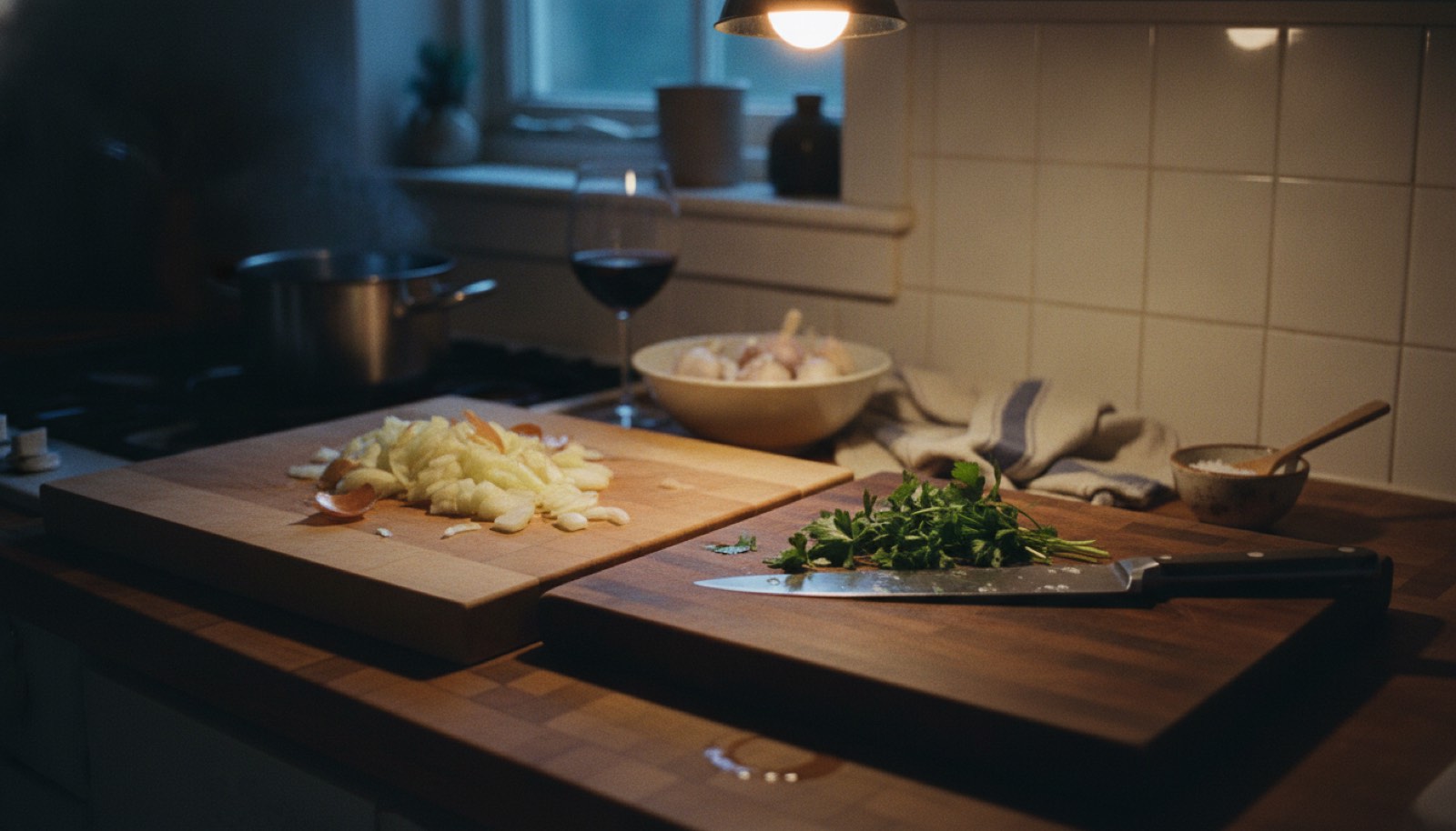Two wooden cutting boards pushed together on a kitchen counter under a warm pendant light, one with roughly chopped onion and the other with parsley and a chef's knife laid across it