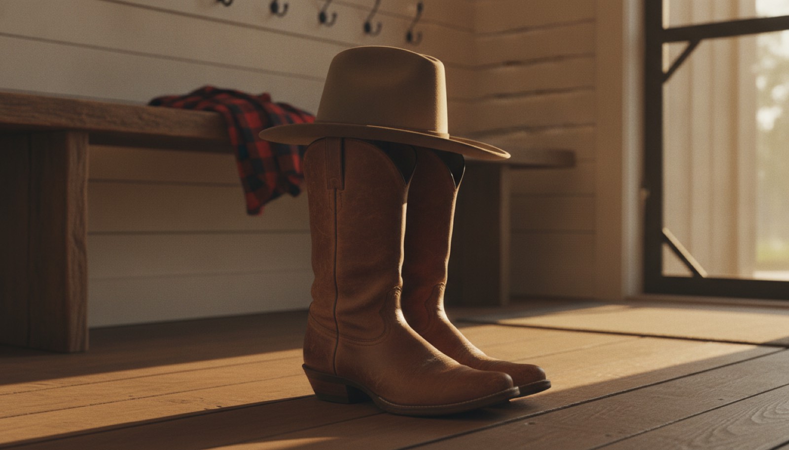 A pair of worn brown leather cowboy boots sitting at the edge of a living room rug with a lamp glowing behind them