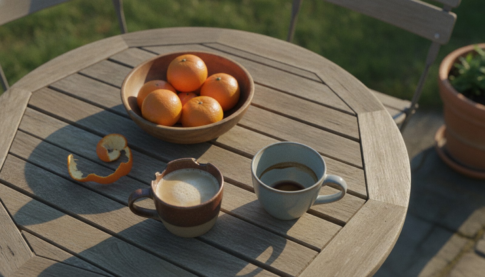 A small patio table seen from directly overhead in late morning sun, two mismatched mugs of coffee and a wooden bowl of clementines on the weathered slats