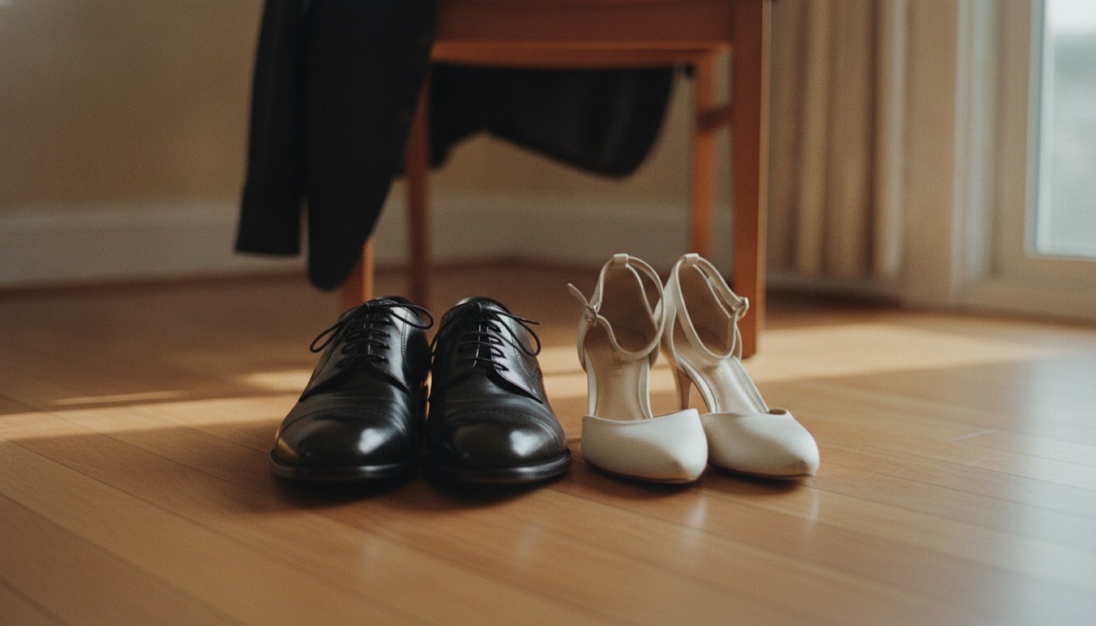 A pair of polished dress shoes and satin heels set side by side on a hardwood floor beside a jacket folded over a chair rail in late afternoon light