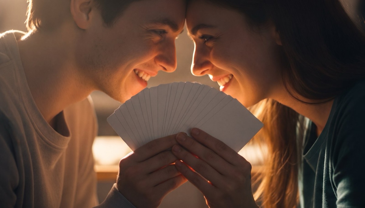Two stemless wine glasses, a bowl of popcorn and two ballpoint pens on a scratched kitchen table under a warm pendant light