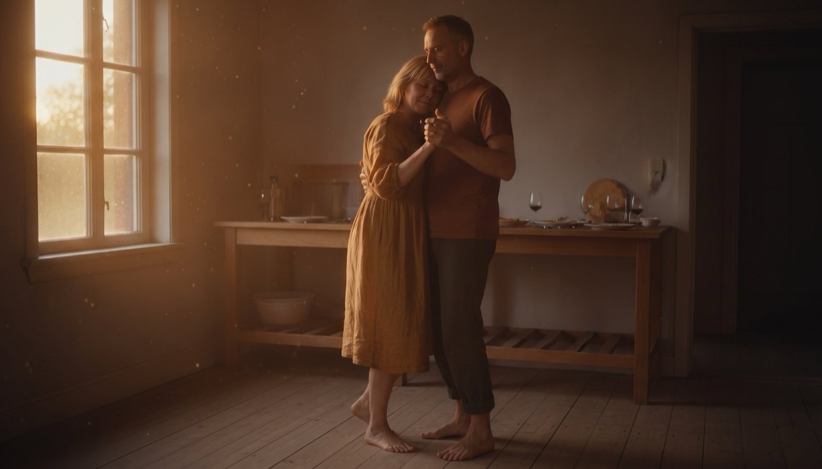 A close view of an older couple's joined hands, his clasping hers, worn wedding bands on both, in a living room lit by low late afternoon window light with the arm of a couch and the edge of a rug behind them