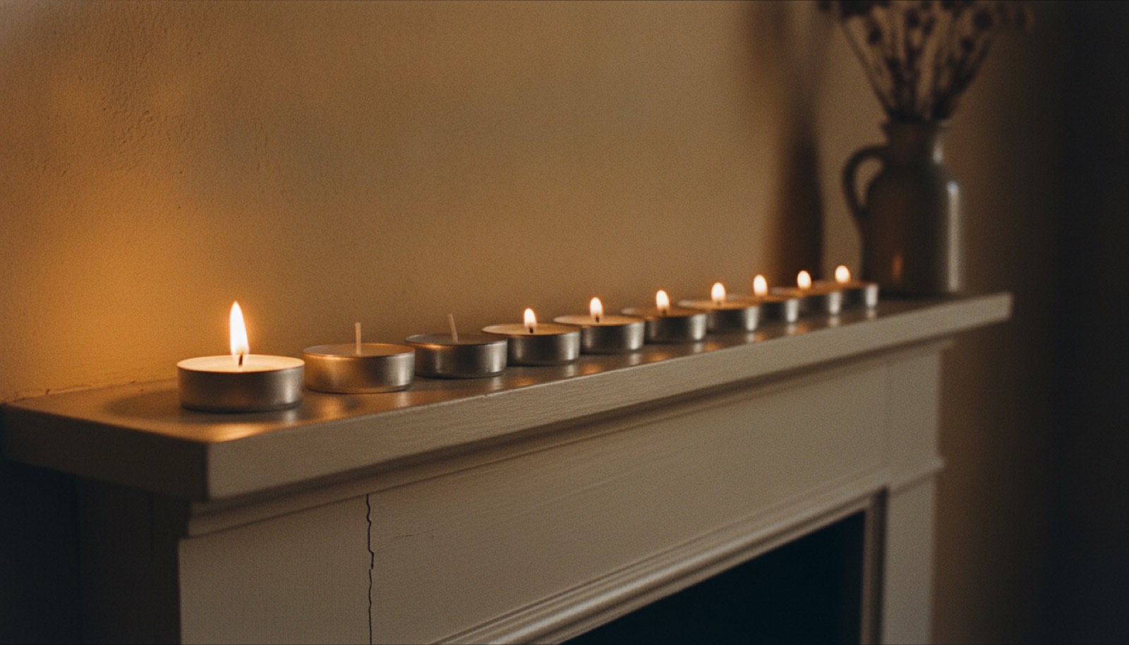 Twelve small folded paper slips packed into a squat glass jar on a kitchen counter beside a lamp