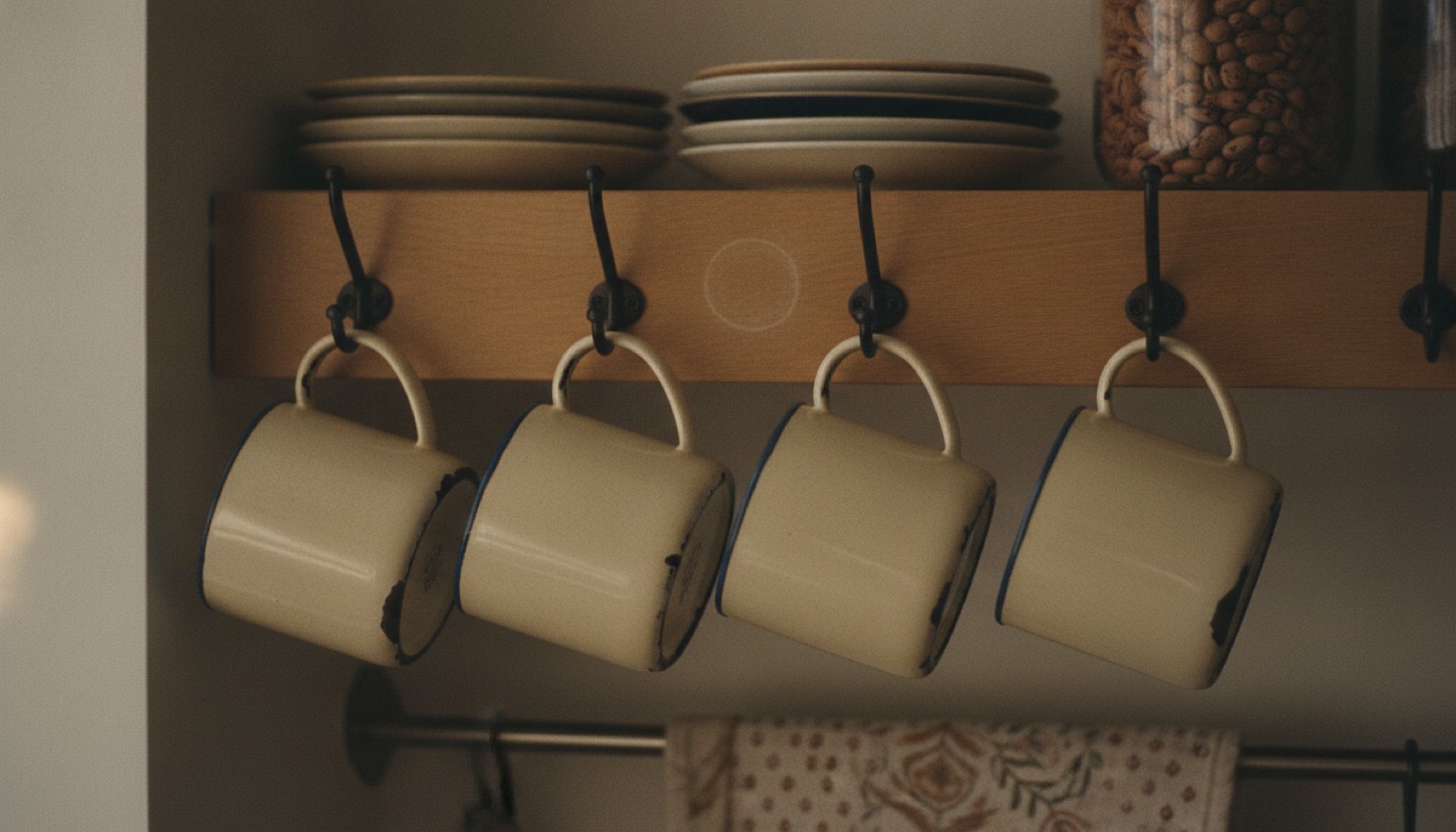 A small glass jar of folded paper slips on a kitchen counter beside two mugs at dusk