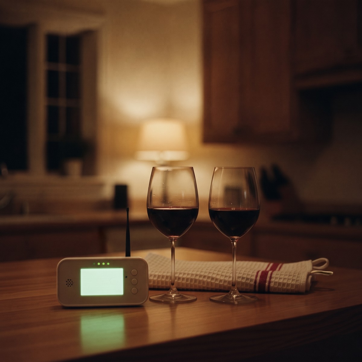 Two glasses of red wine, a folded kitchen towel, and a glowing baby monitor on a warm oak counter in a dim kitchen after bedtime, the setup for an at-home date night for married couples.