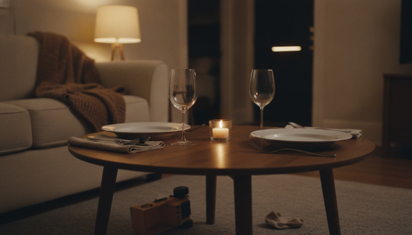 Two dinner plates and a lit candle set on a coffee table beside a plastic toy dump truck on a living room rug