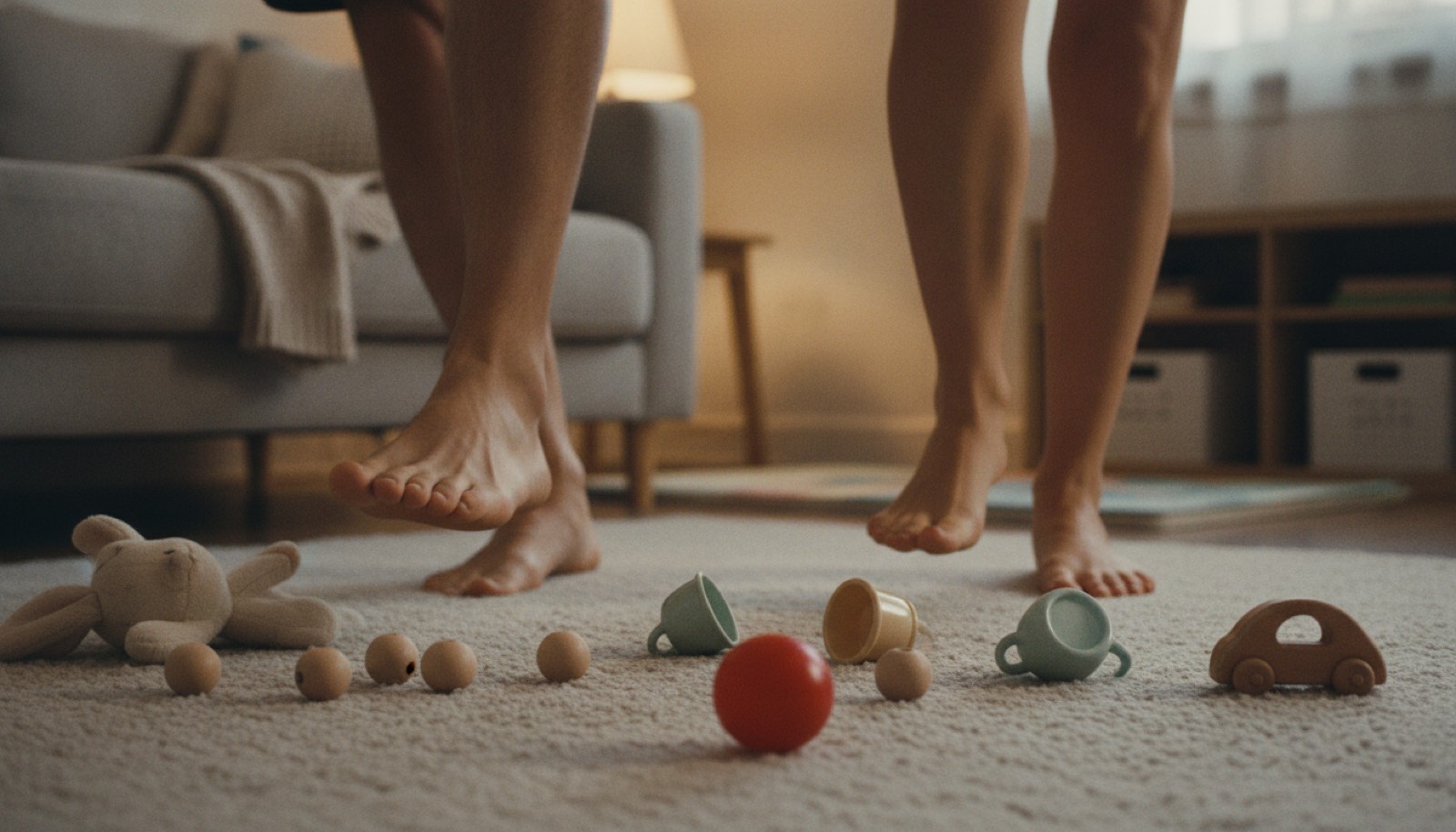 Two adults' bare feet dancing on a living room rug scattered with smooth wooden beads, a red rubber ball, tipped-over toy tea cups, a wooden car and a stuffed rabbit