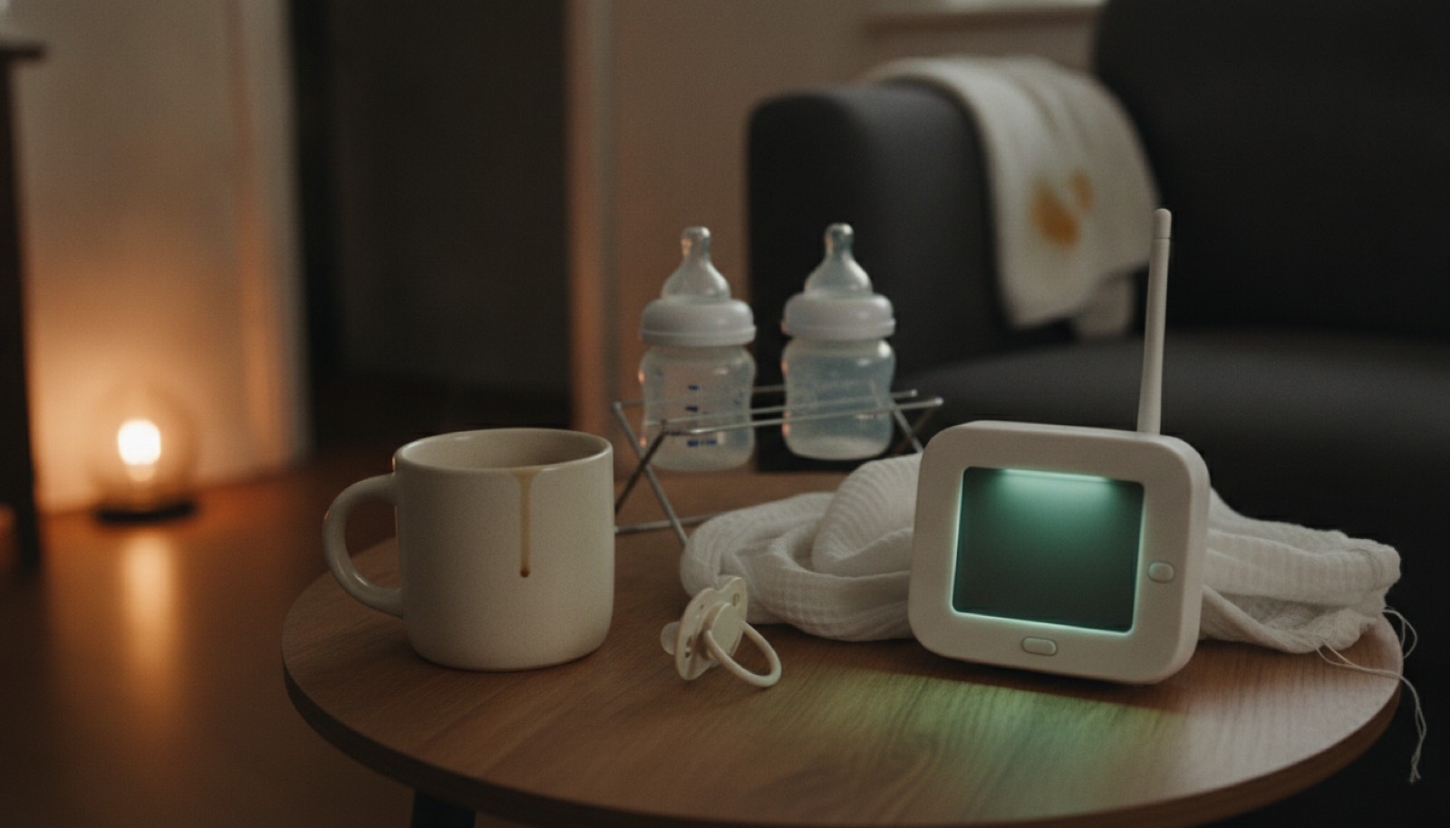 A glowing baby monitor, a folded muslin blanket, a pacifier and a mug of tea gone cold on a small round side table in a dim living room late at night